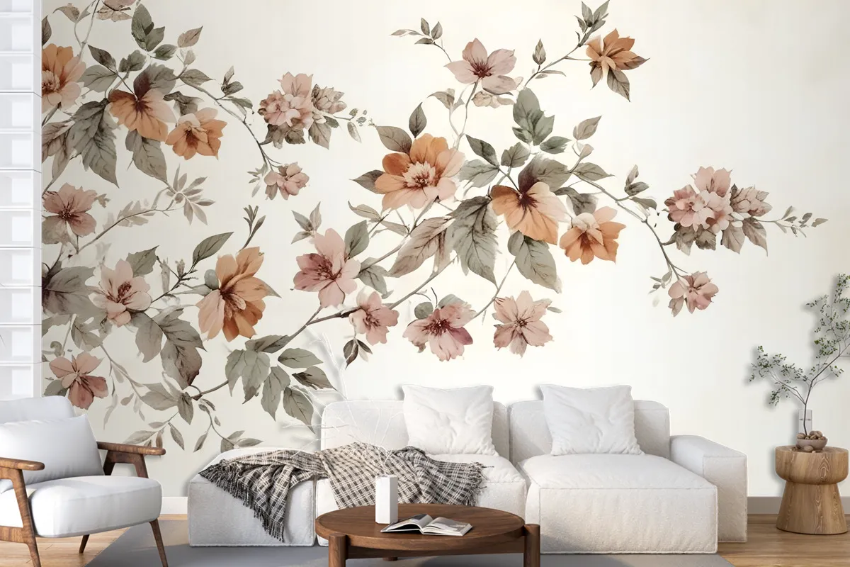 Vintage Orange Brown Flowers Wallpaper Mural