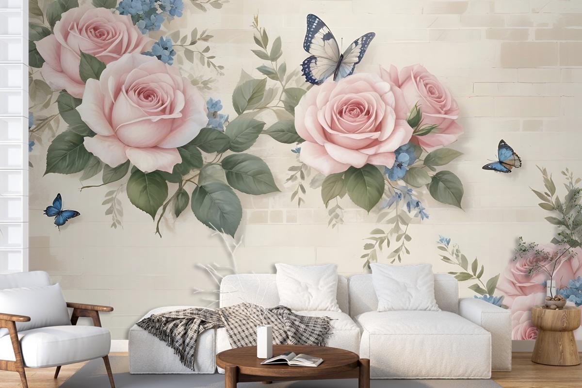 Vintage Pastel Pink Floral Wallpaper Mural