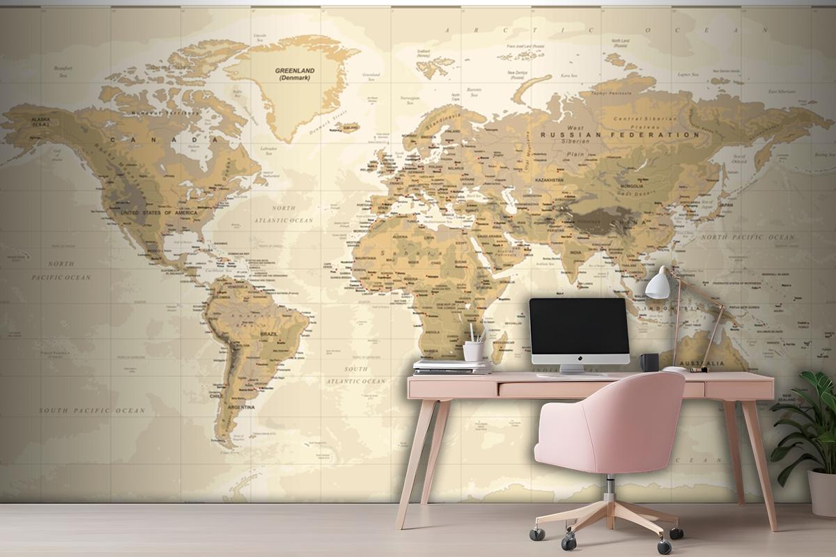 Vintage Physical World Map Wallpaper Mural