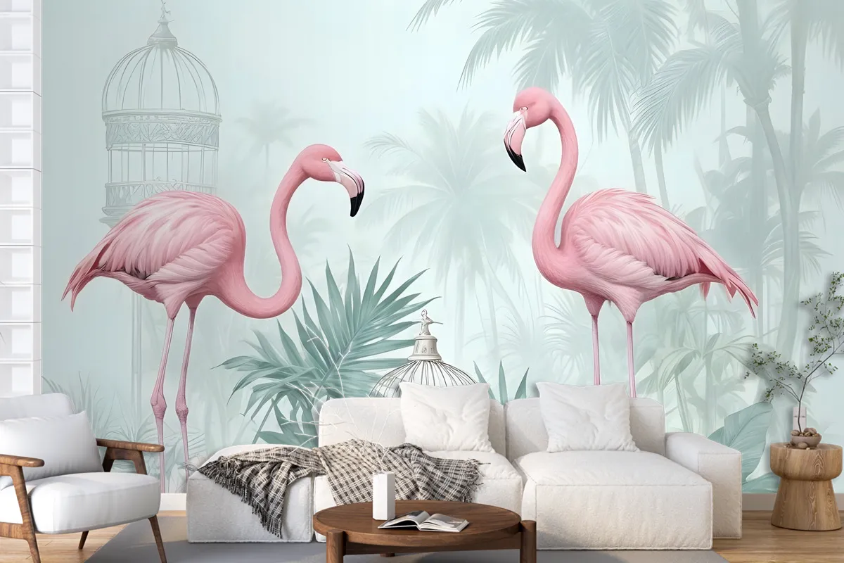 Vintage Pink Flamingo With Tropical Leaves Wallpaper Mural