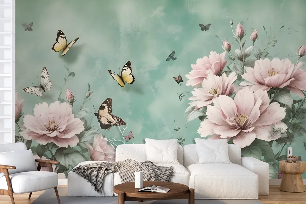 Vintage Pink Floral And Yellow Butterfly Wallpaper Mural