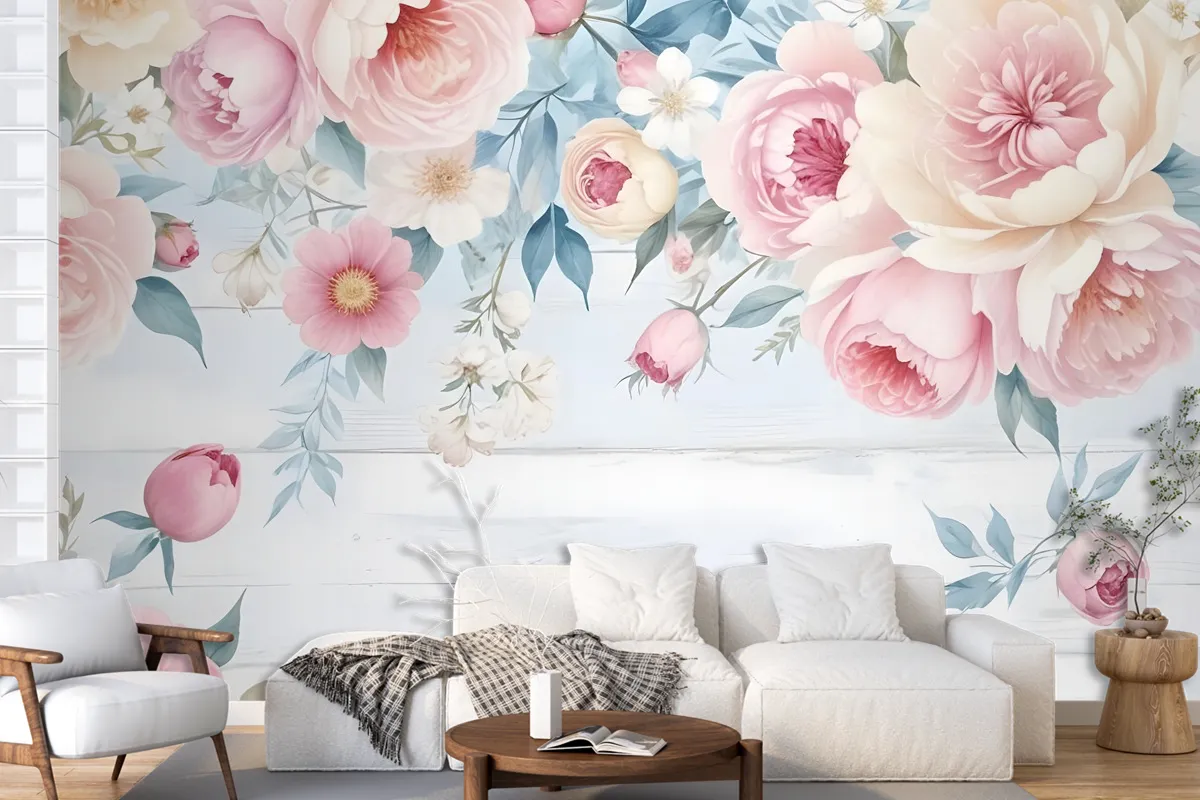 Vintage Watercolor Pink Flowers Wallpaper Mural