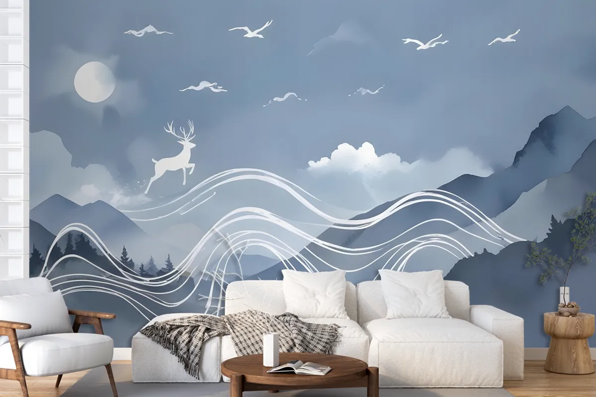 Watercolor Abstract Lines And Horned Deer Wallpaper Mural