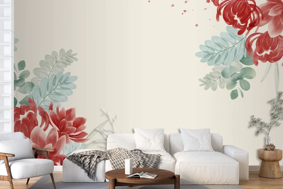 Watercolor Asian Flowers Wallpaper Mural