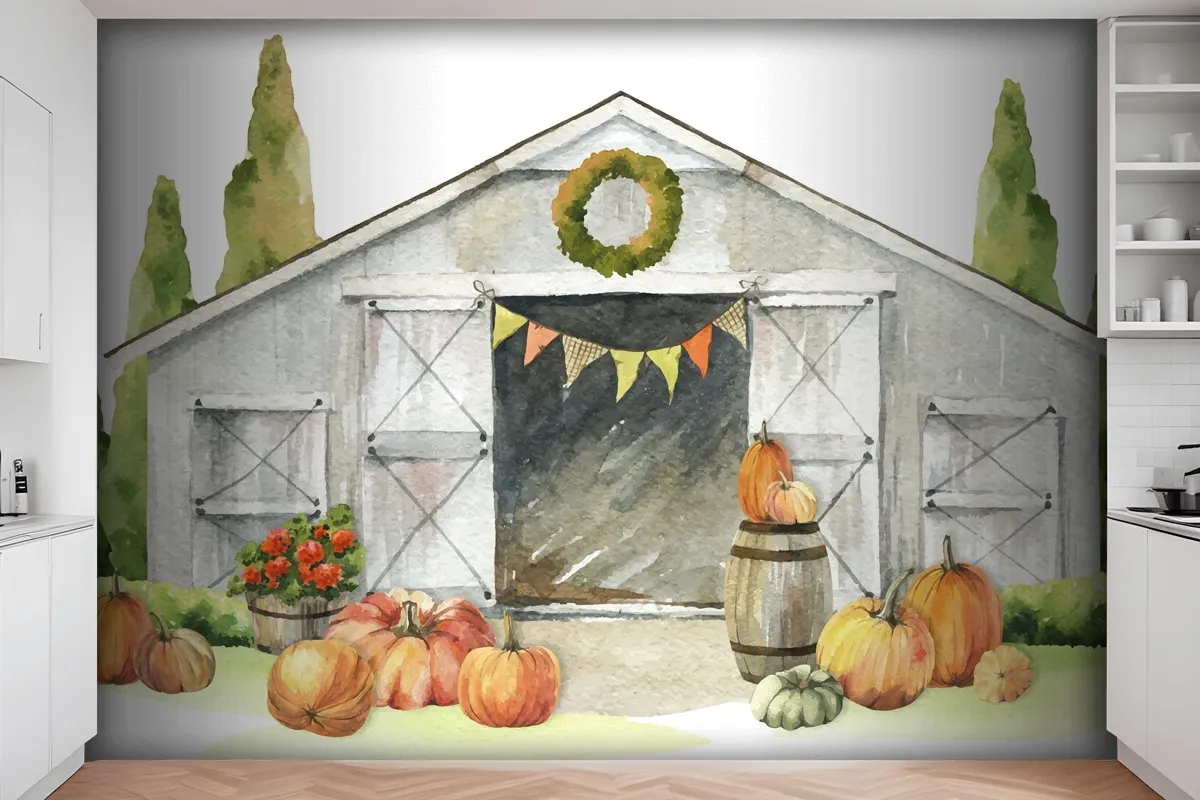 Watercolor Autumn Wooden Barn Pumpkin Harvest Wallpaper Mural