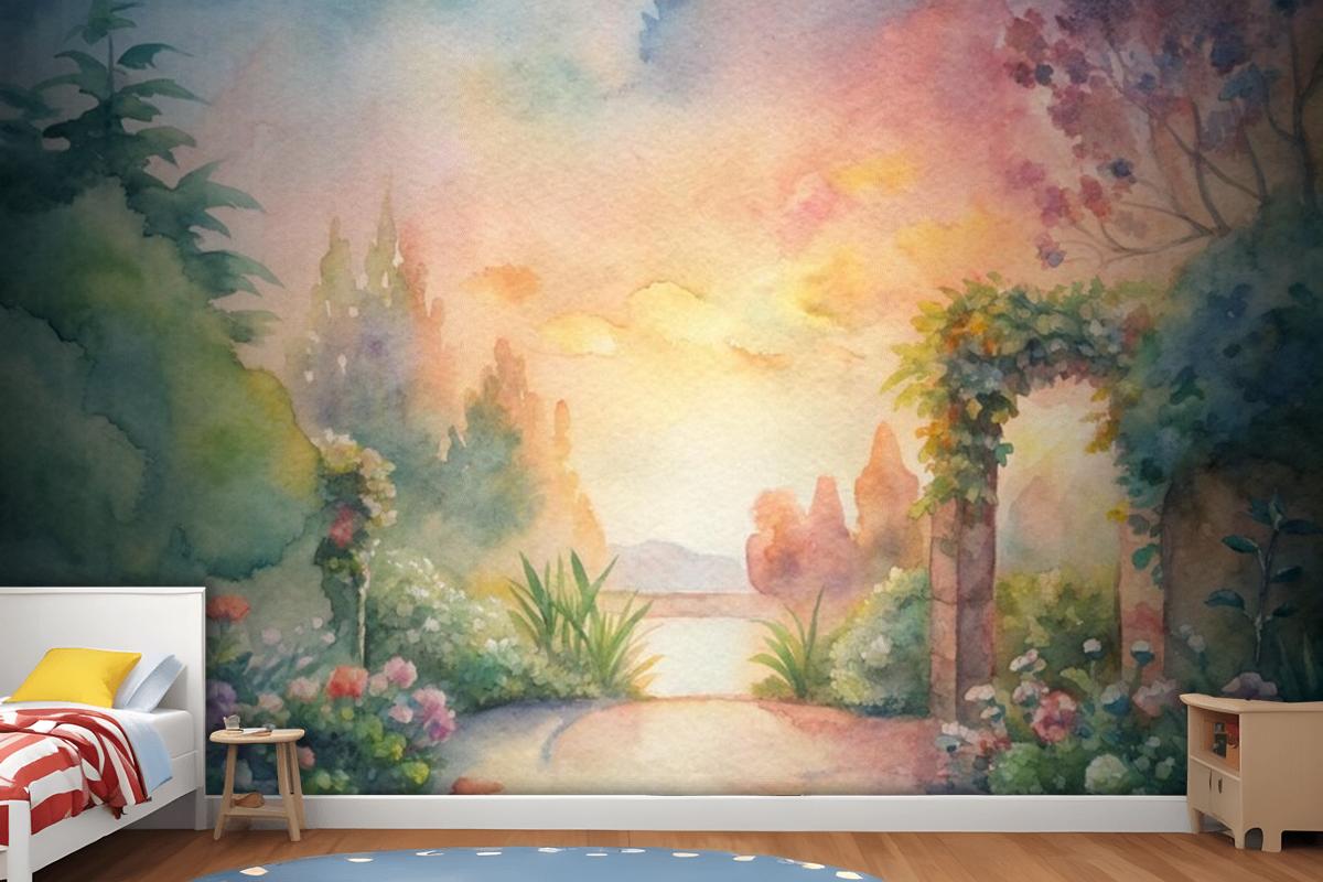 Watercolor Background Featuring A Flower Garden Wallpaper Mural