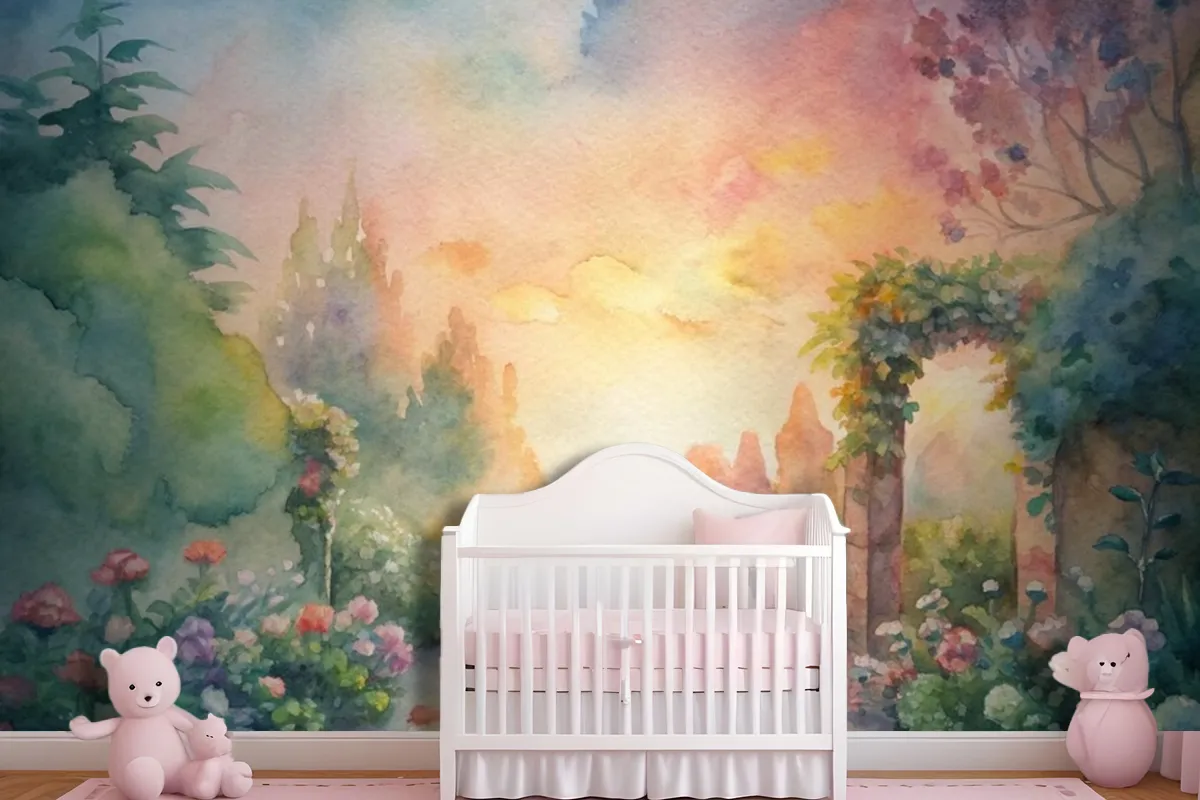 Watercolor Background Featuring A Flower Garden Wallpaper Mural