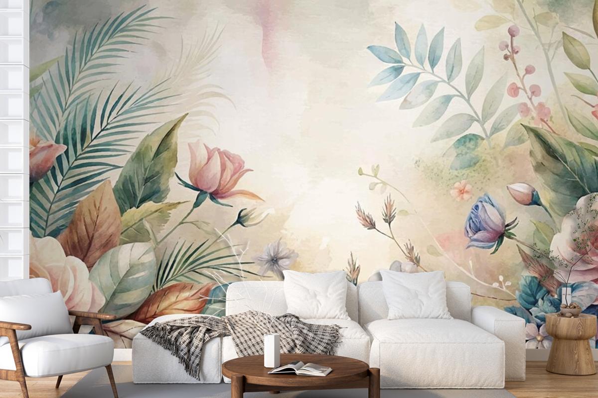 Watercolor Background Featuring Beautiful Flowers Wallpaper Mural