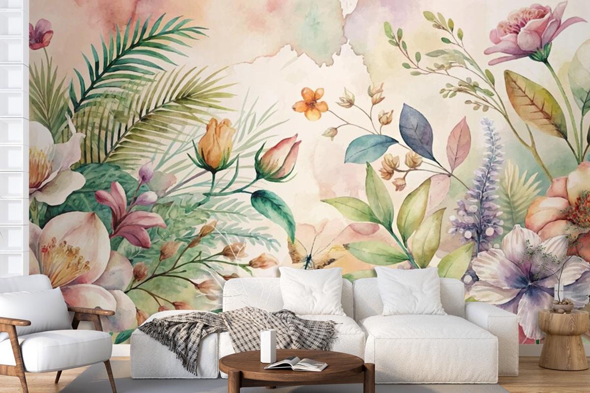 Watercolor Background Featuring Flowers And Lush Plants Wallpaper Mural