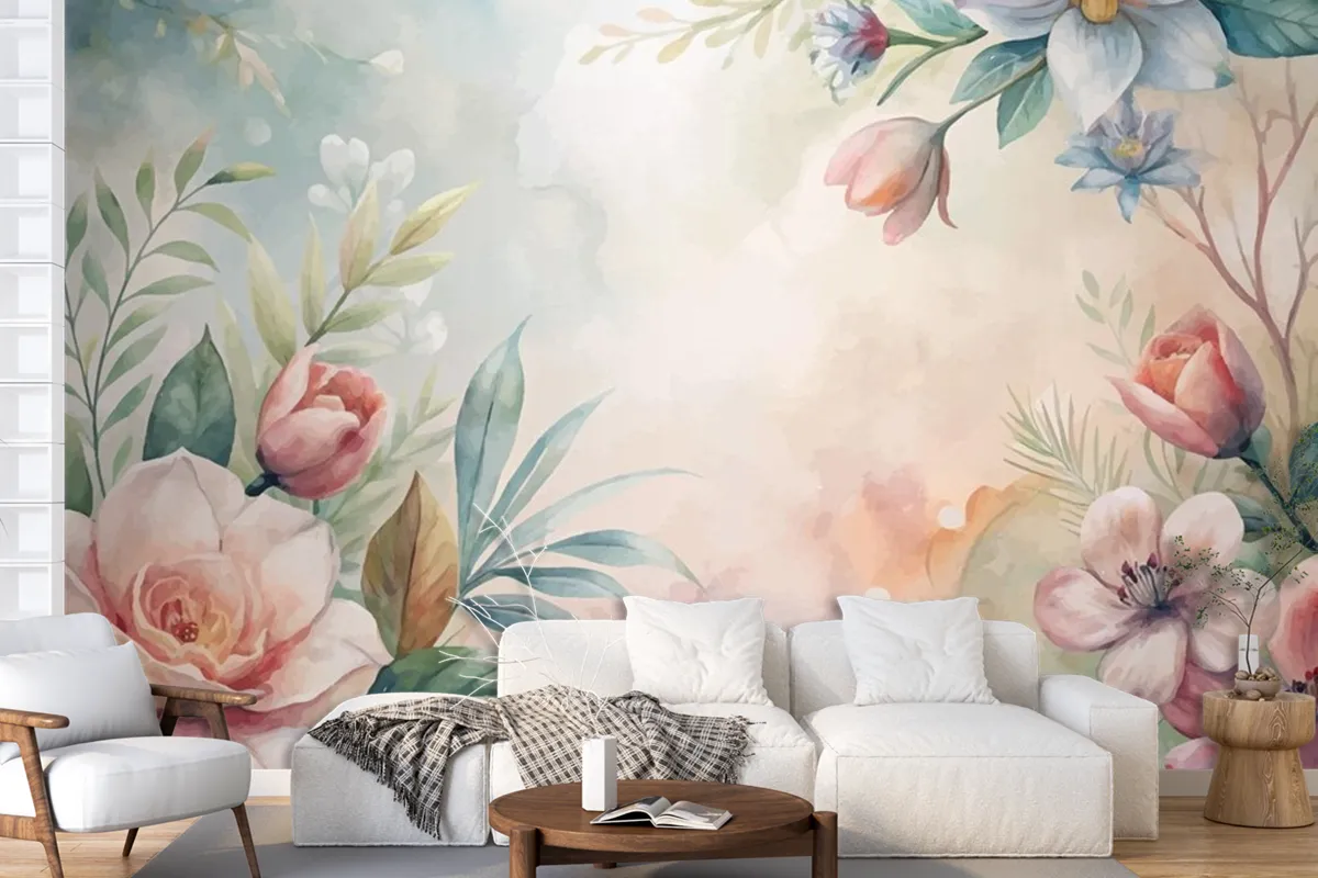 Watercolor Background Of Lush Flowers And Leaves Wallpaper Mural