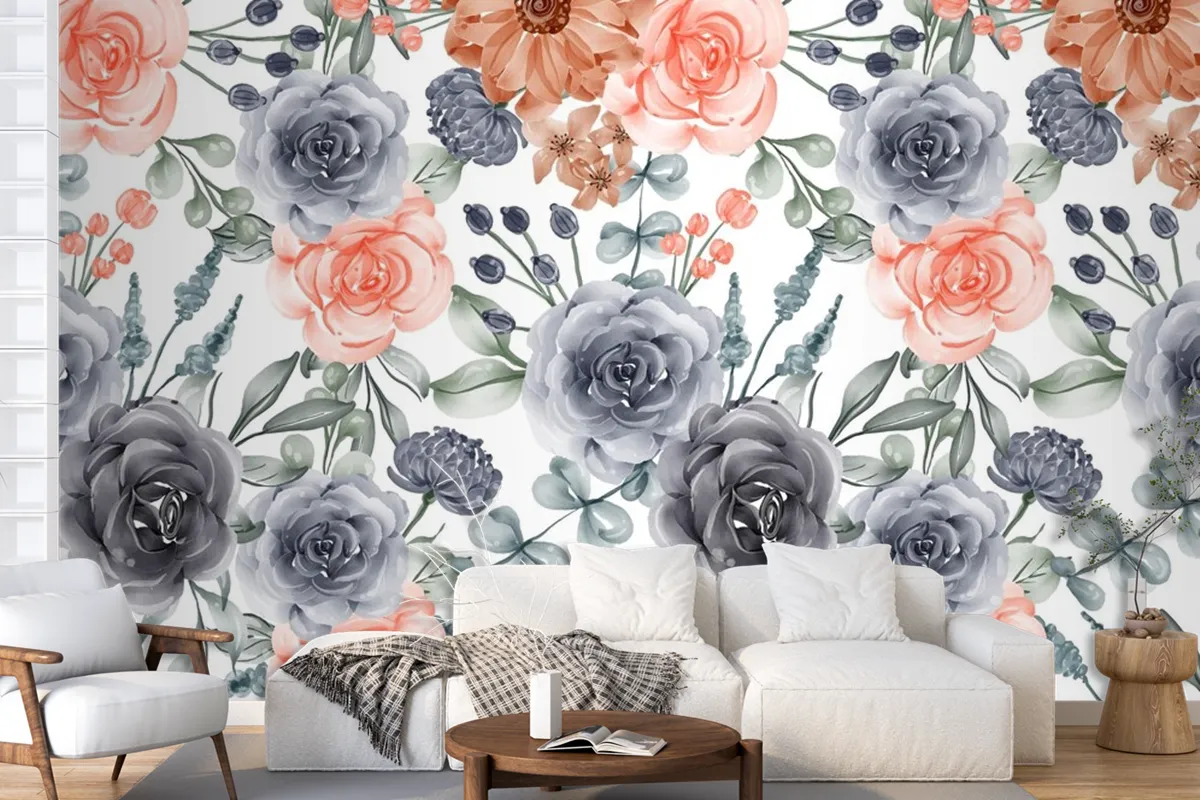 Watercolor Background Seamless Pattern Flower Navy And Peach Wallpaper Mural