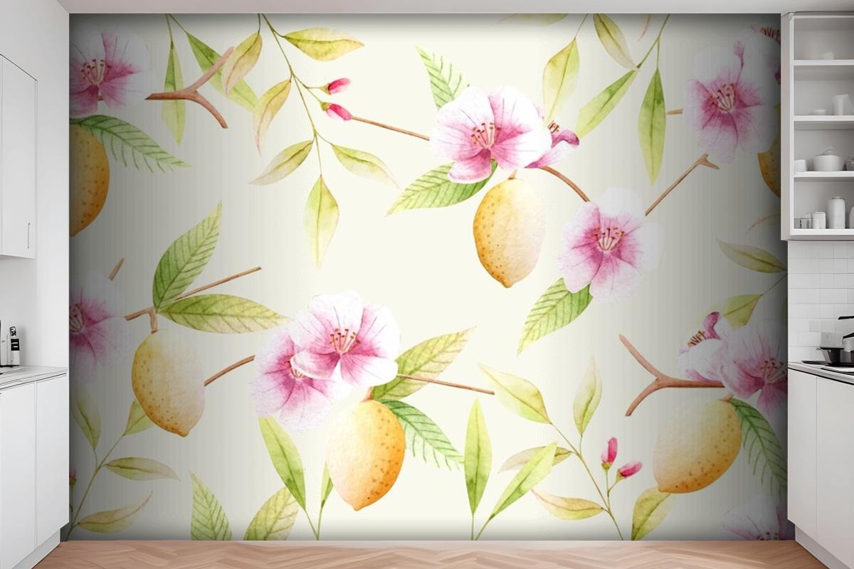 Watercolor Background With Florals Kitchen Wallpaper Mural