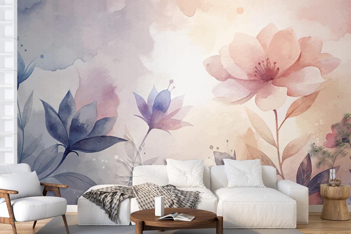 Watercolor Background With Minimalist Soft Silhouette Flowers Wallpaper Mural