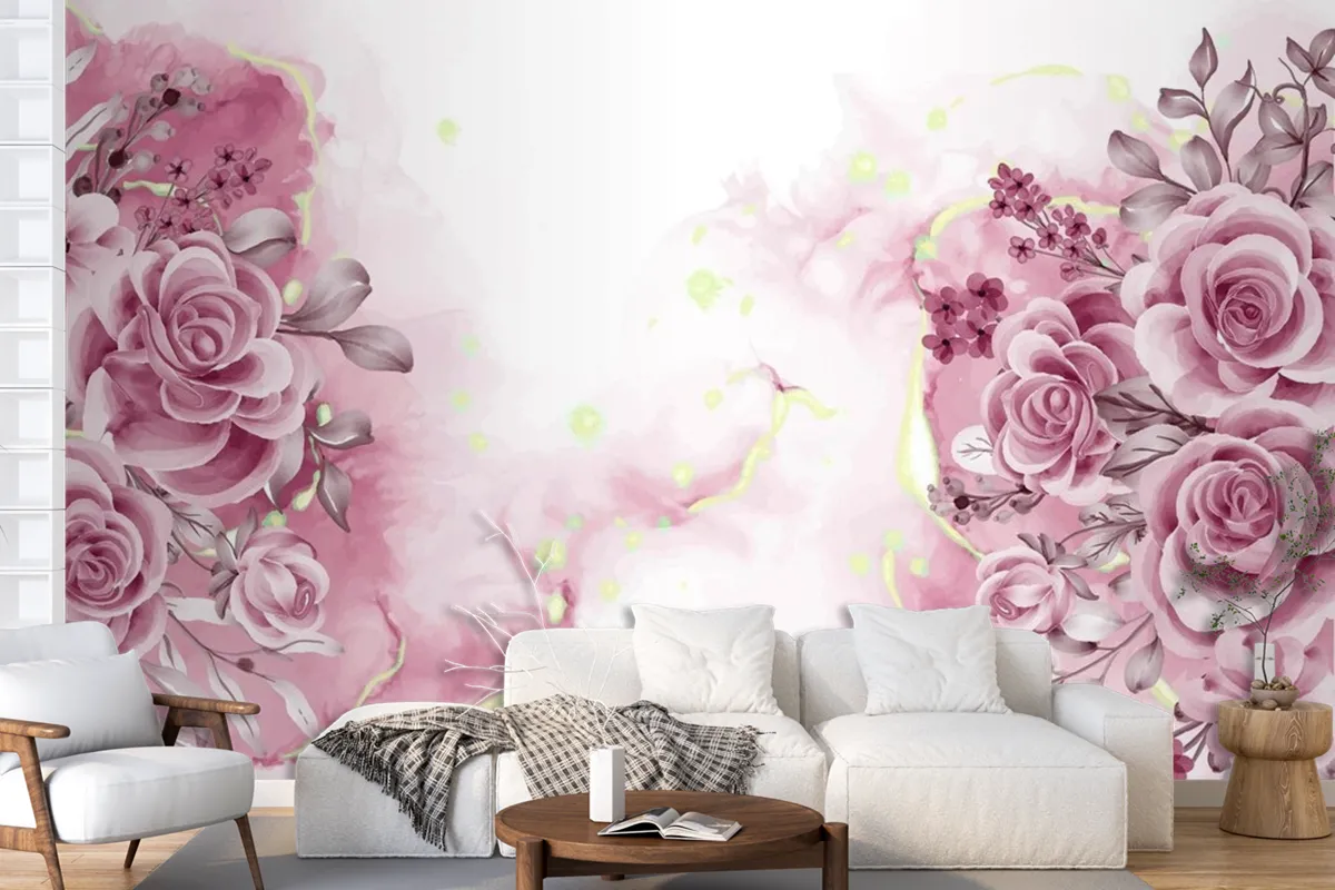 Watercolor Background With Rose Gold Flowers And Leaves Wallpaper Mural