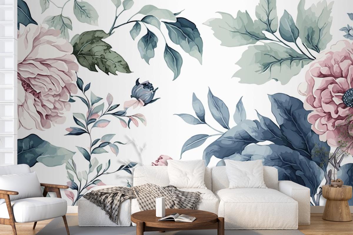 Watercolor Blue And Pink Floral Pattern Wallpaper Mural