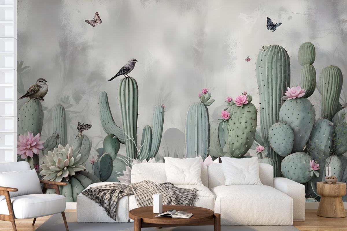 Watercolor Cactus With Flowers Wallpaper Mural