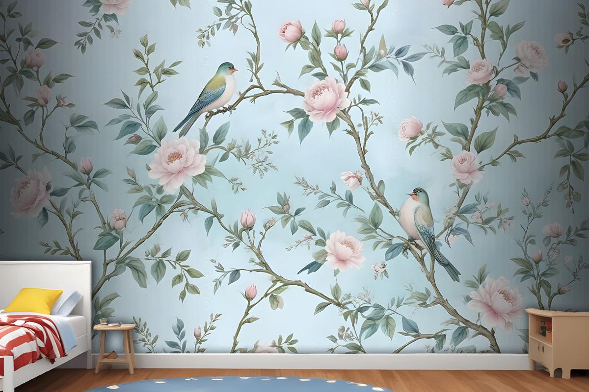 Watercolor Chinoiserie Floral Peony Blossom Wallpaper Mural