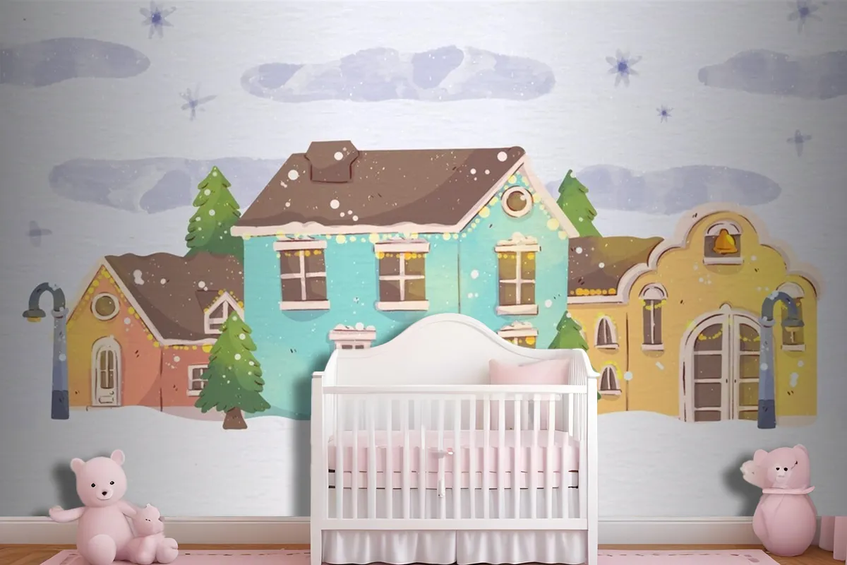 Watercolor Christmas Town Wallpaper Mural