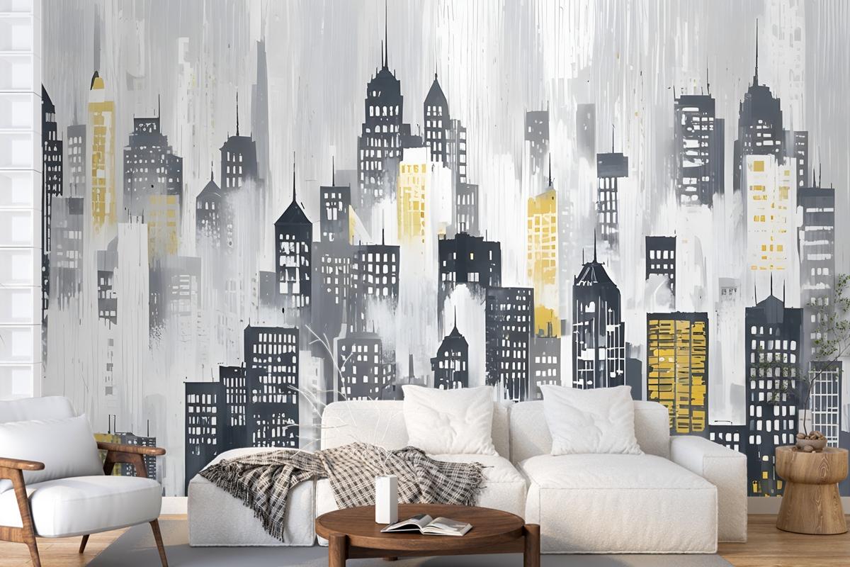 Watercolor City Silhouette Wallpaper Mural