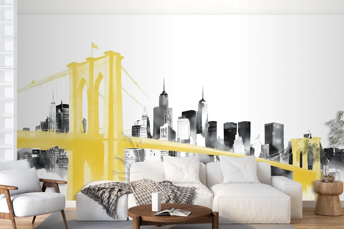 Watercolor City With Brooklyn Bridge Wallpaper Mural