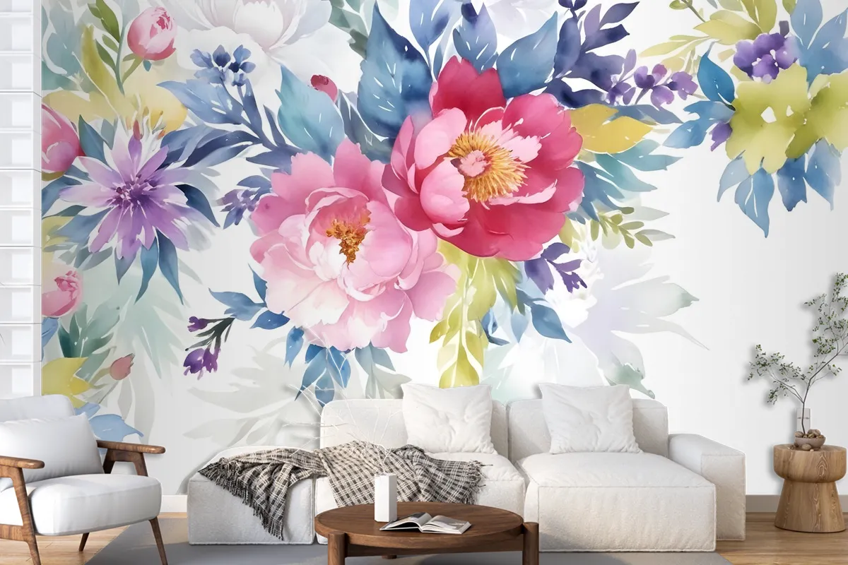 Watercolor Colorful Peony Flowers Wallpaper Mural