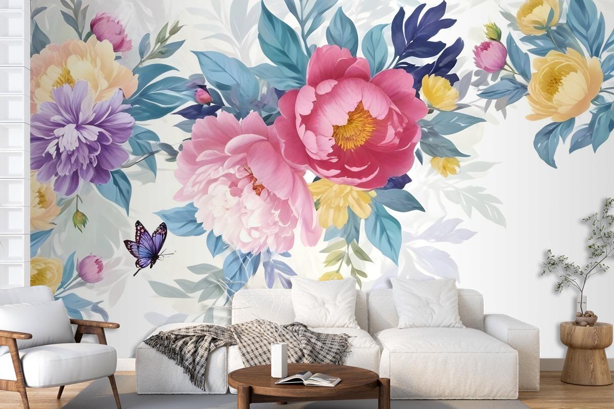 Watercolor Colorful Peony Flowers Wallpaper Mural