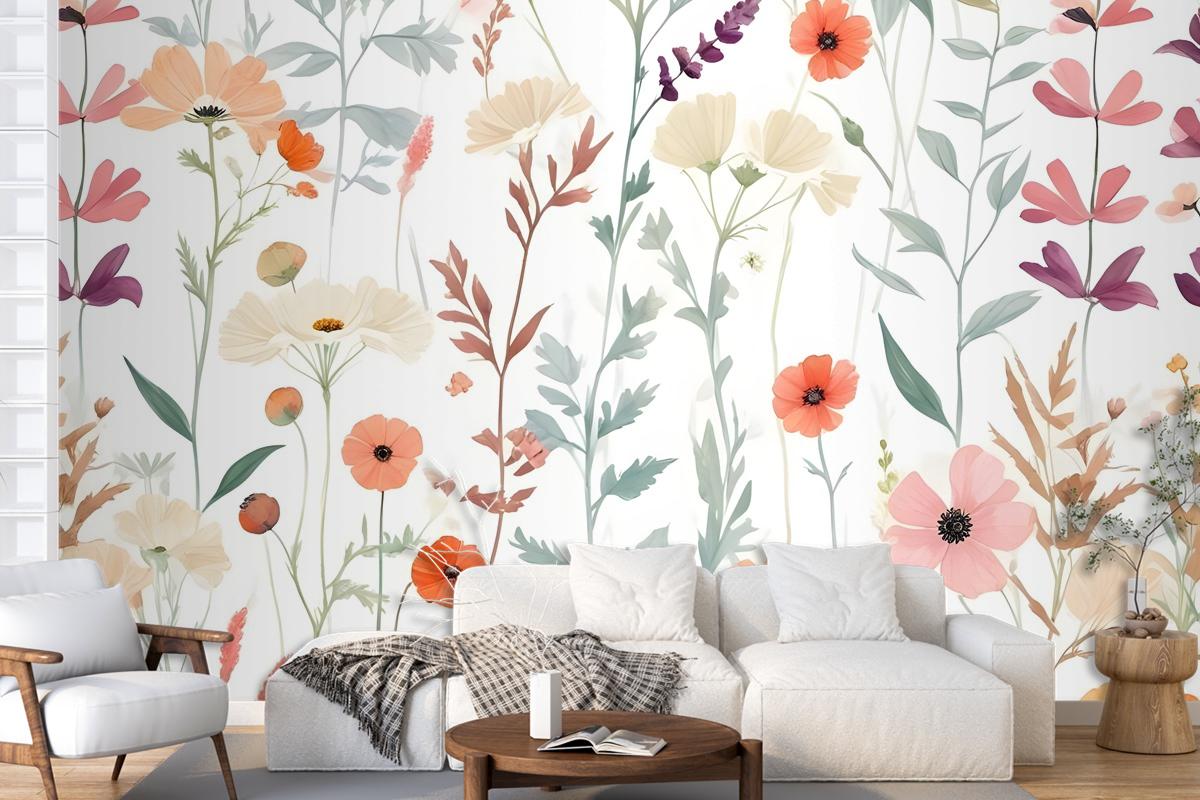 Watercolor Colorful Wildflower Garden Wallpaper Mural