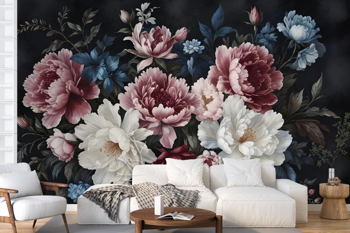 Watercolor Dark Peony Floral Wallpaper Mural