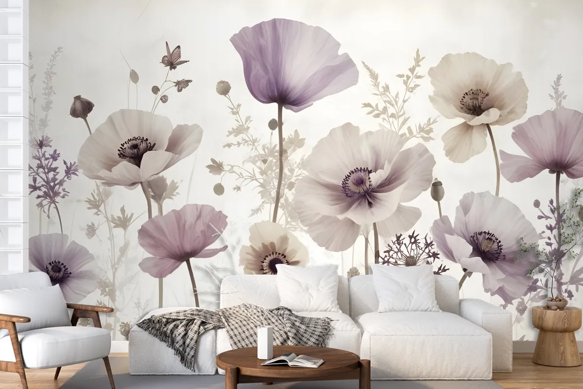 Watercolor Dark Poppy Flowers Wallpaper Mural