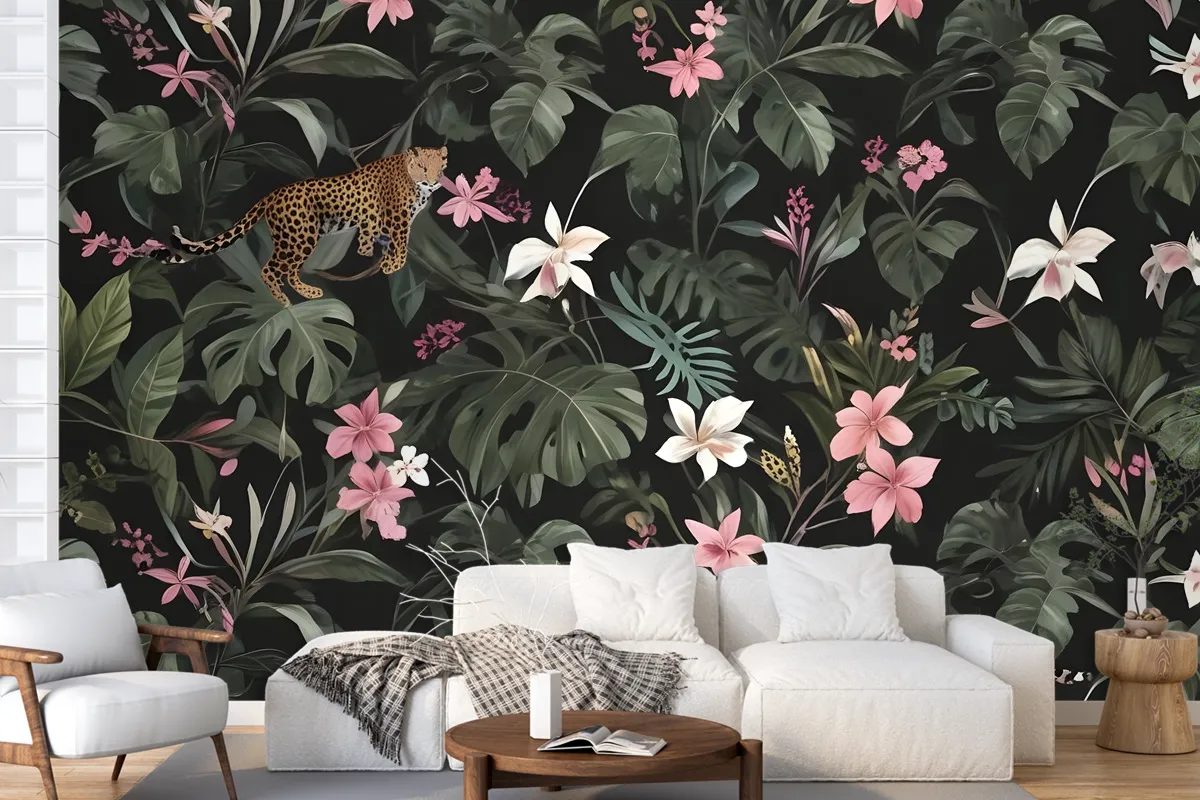 Watercolor Dark Tropical Art With Leopard Wallpaper Mural