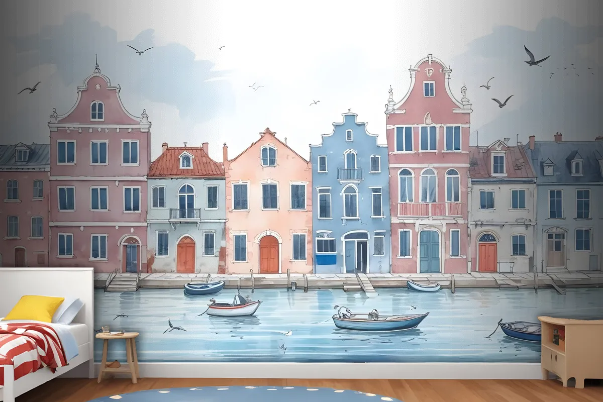 Watercolor Dutch Houses Wallpaper Mural For Kids