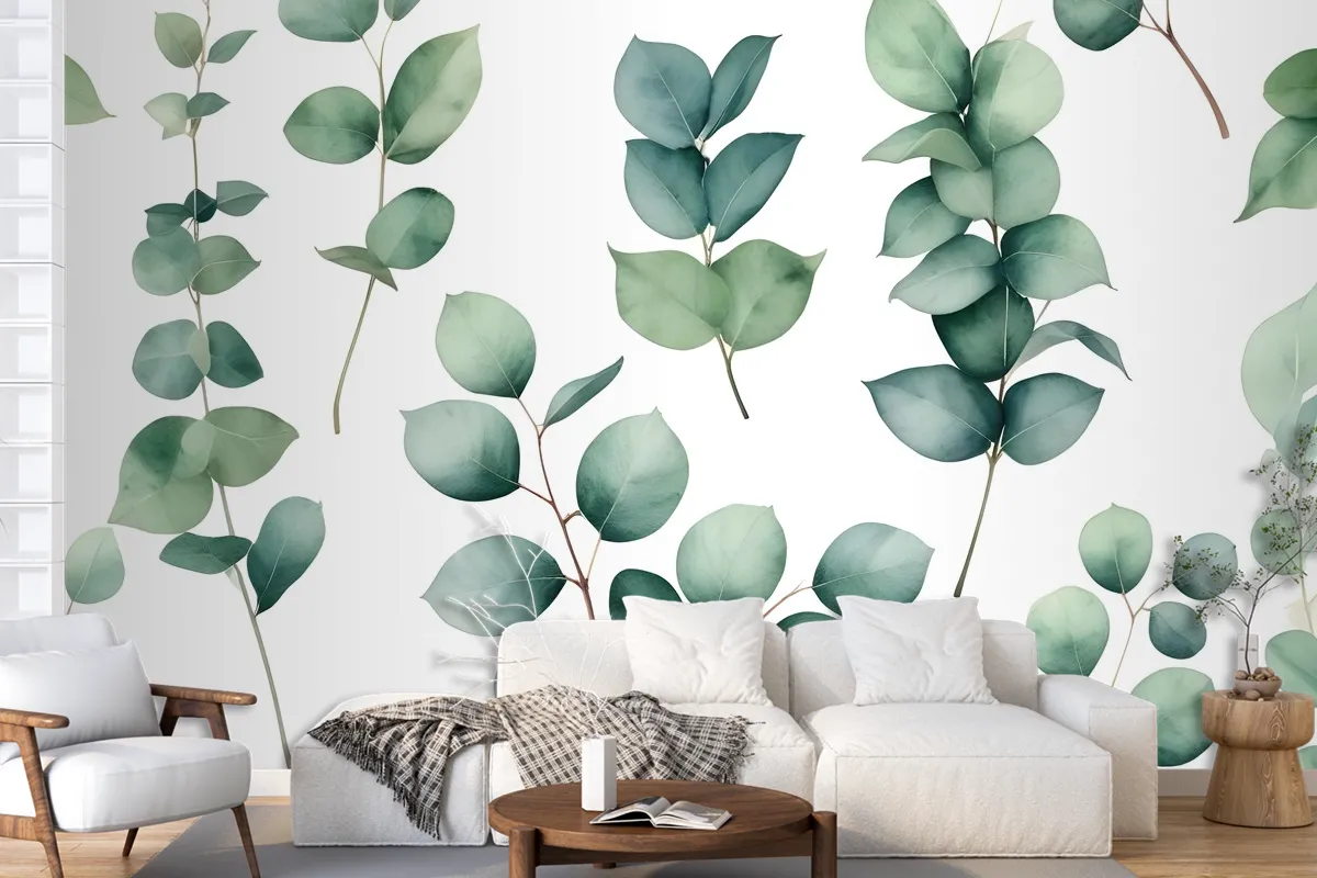 Watercolor Eucalyptus Leaf Wallpaper Mural