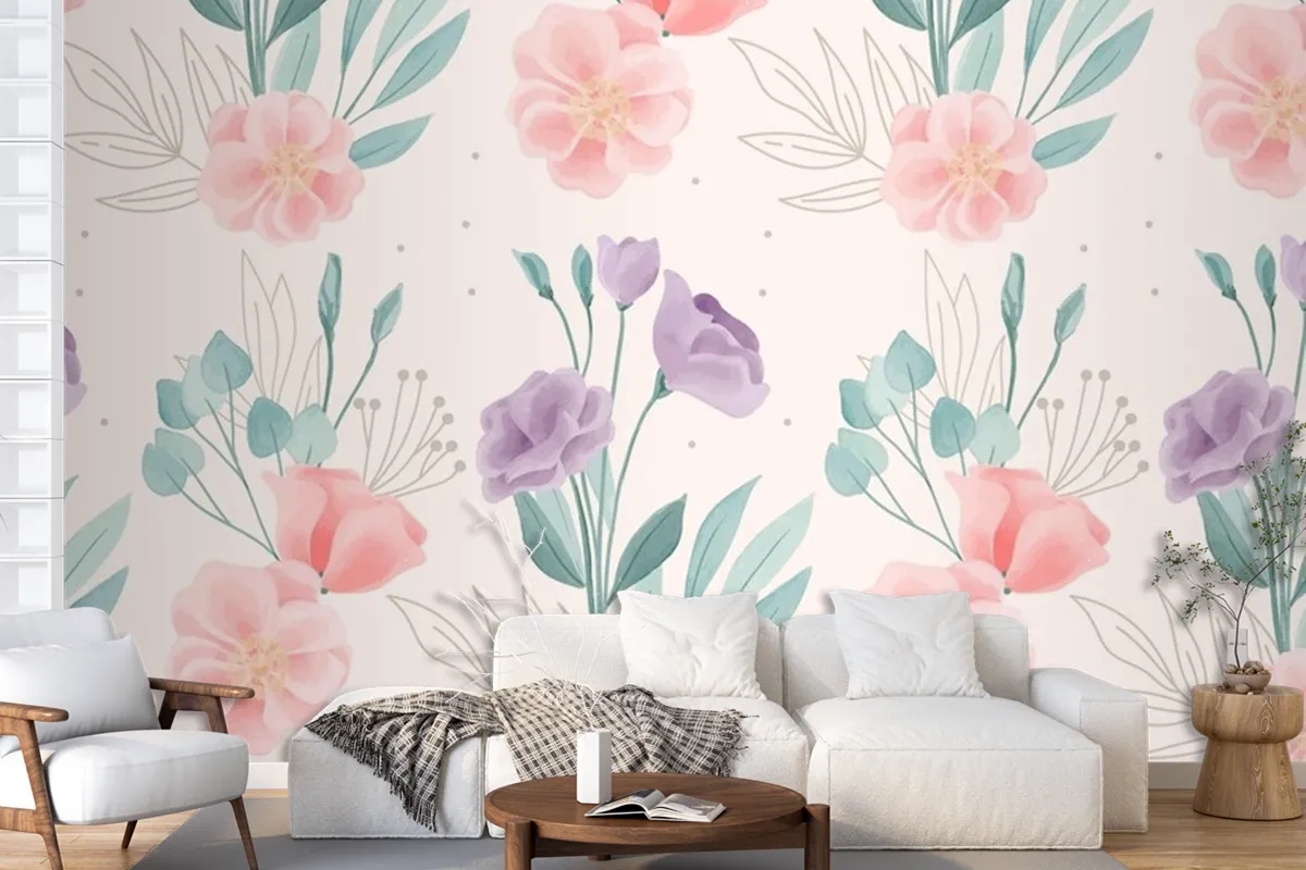 Watercolor Floral Motif Pattern Wallpaper Mural