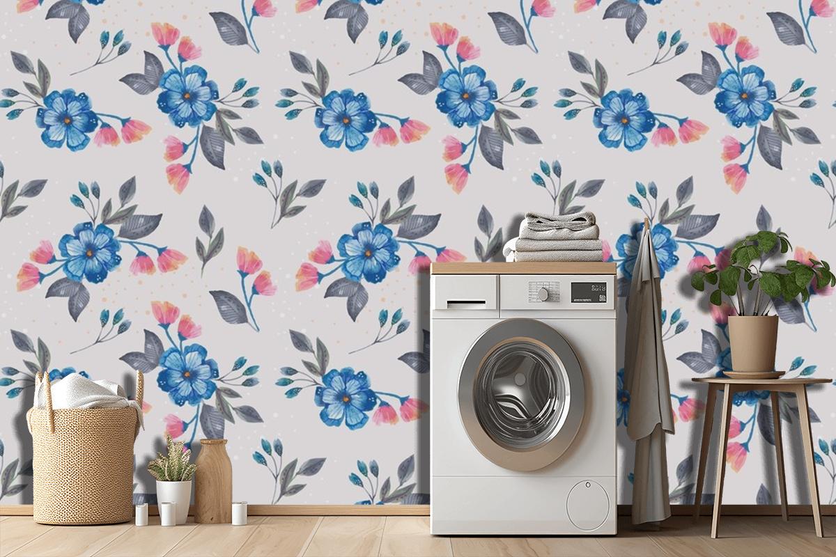 Watercolor Floral Pattern Design Laundry Room Wallpaper Mural