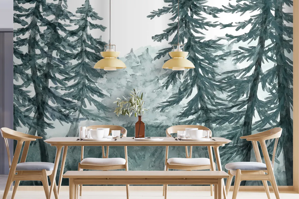 Watercolor Forest Landscape Dining Room Wallpaper Mural