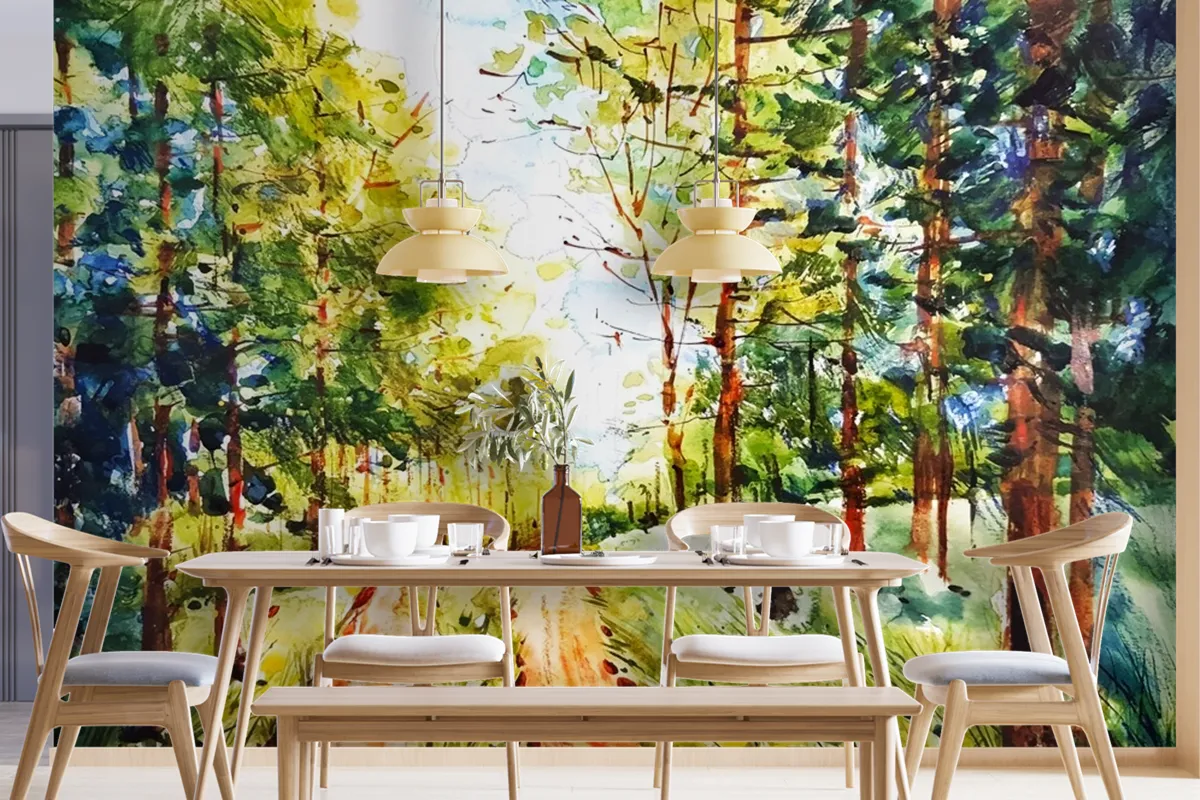 Watercolor Forest Landscape Wallpaper Mural