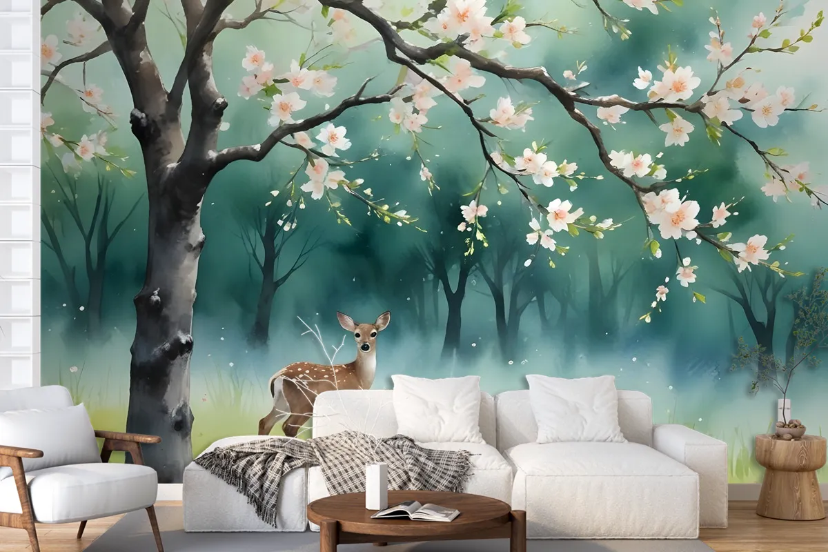 Watercolor Forest With Peach Blossom Wallpaper Mural