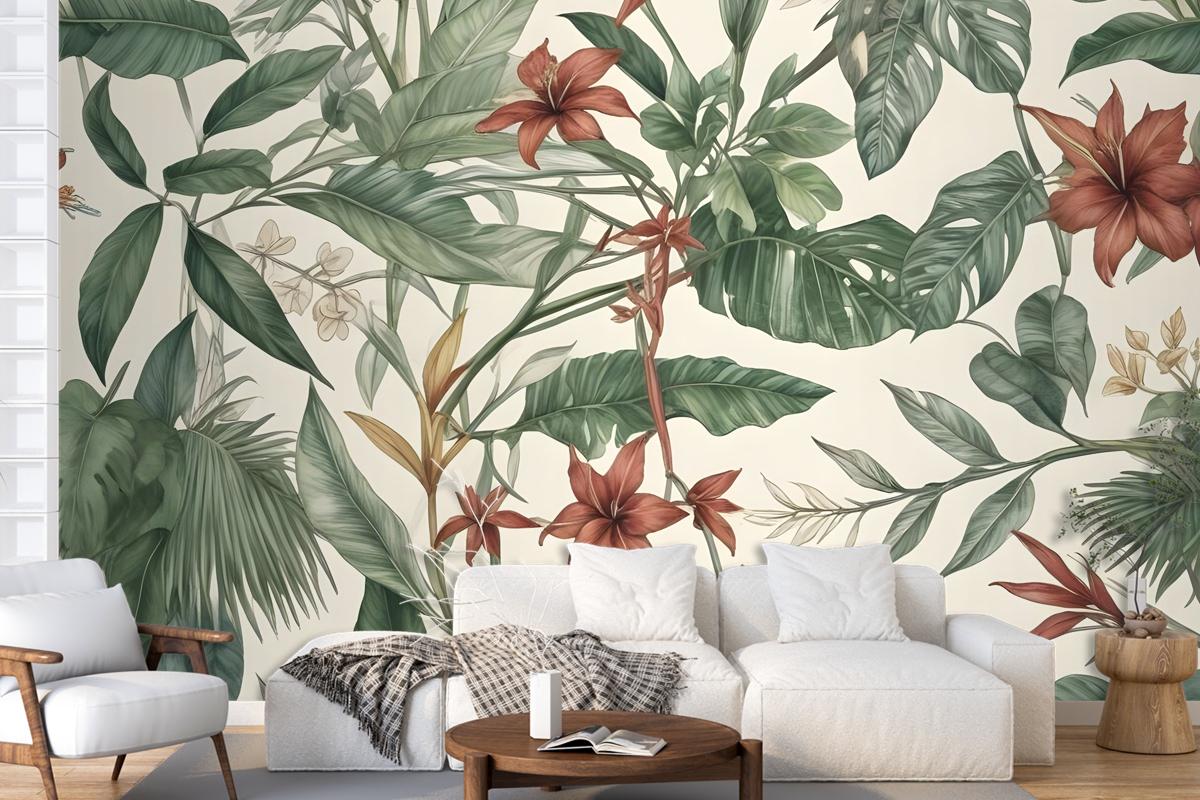 Watercolor Green Tropical Leaves Wallpaper Mural