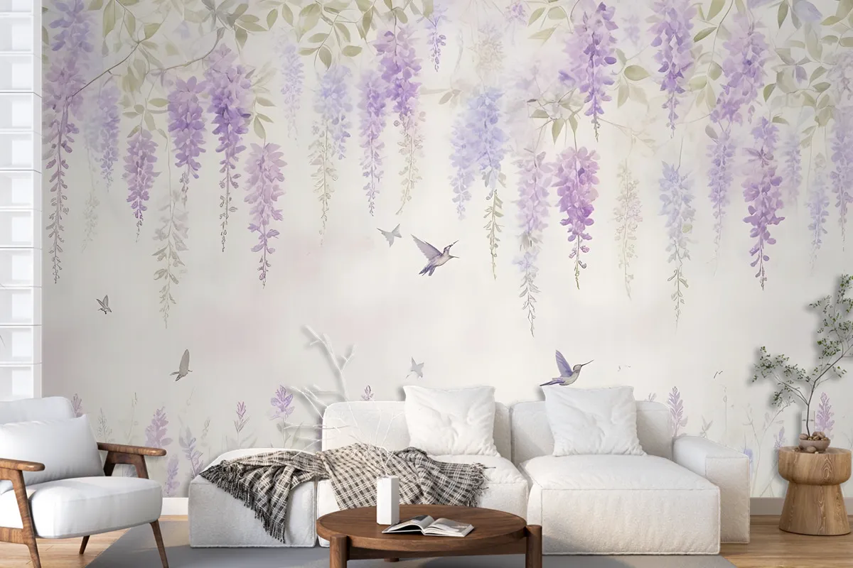 Watercolor Hanging Wisteria Flowers With Hummingbirds Wallpaper Mural