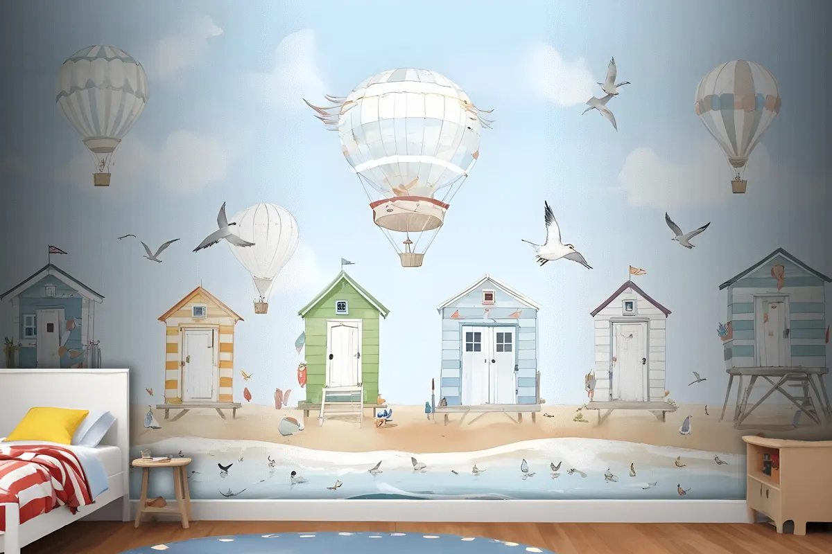 Watercolor Kids Beach House With Hot Air Balloons