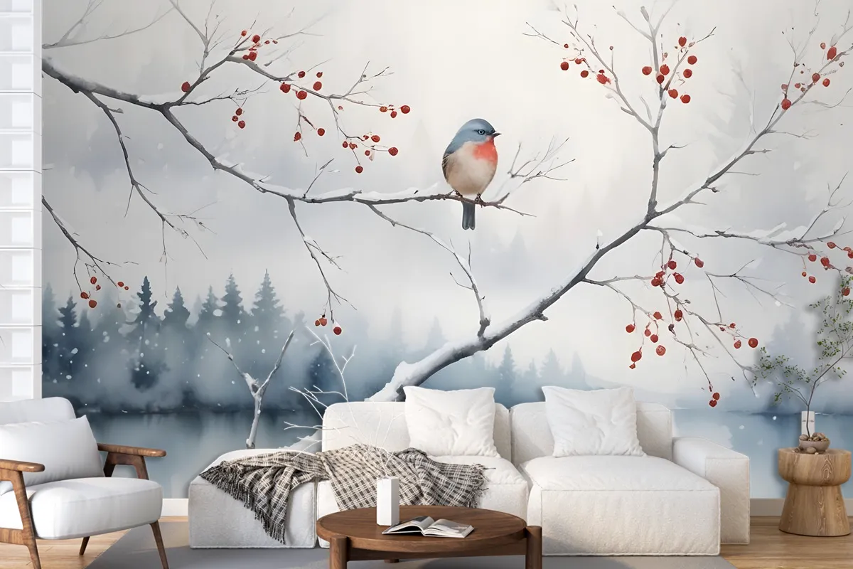 Watercolor Lake Landscape With Birds Wallpaper Mural