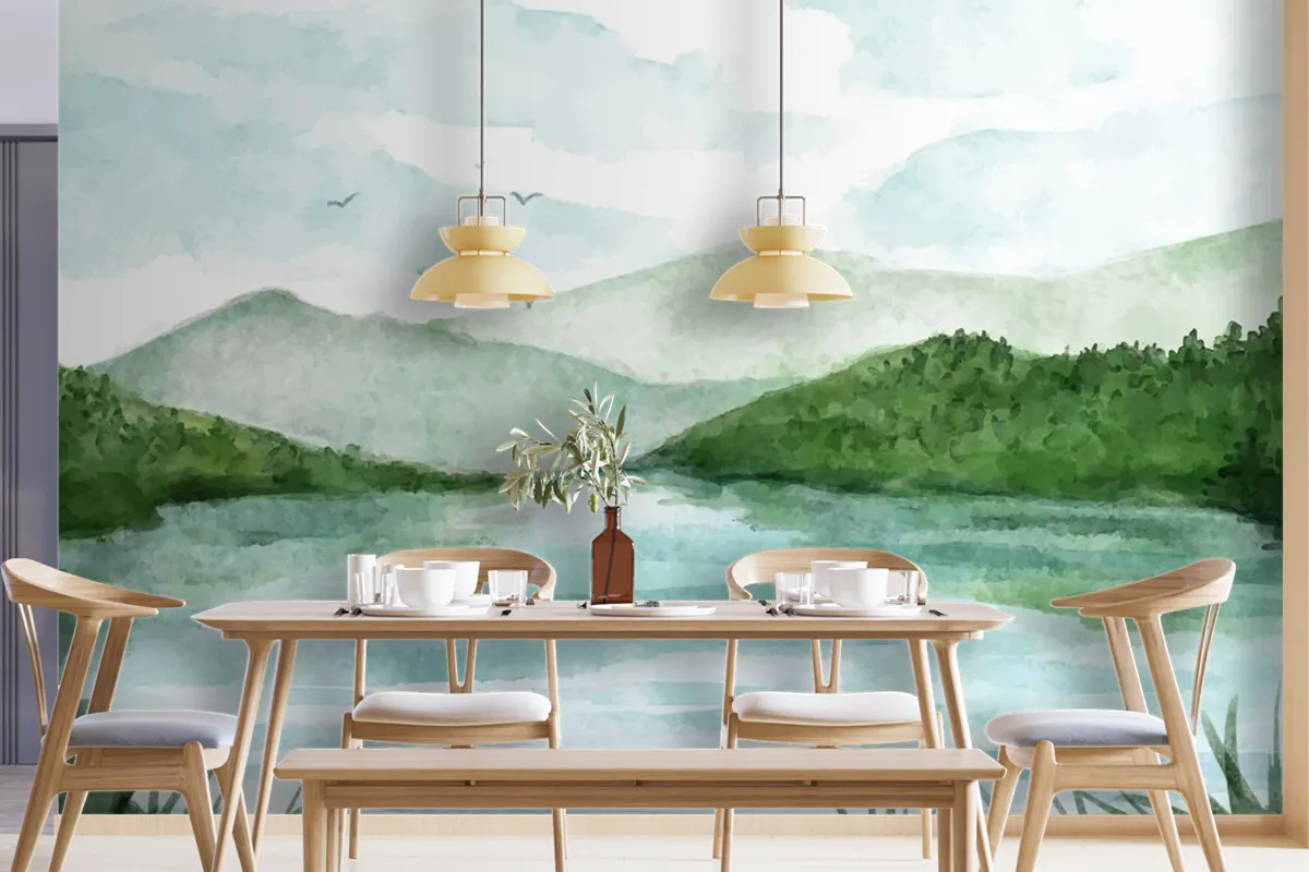 Watercolor Lake Scenery Wallpaper Mural