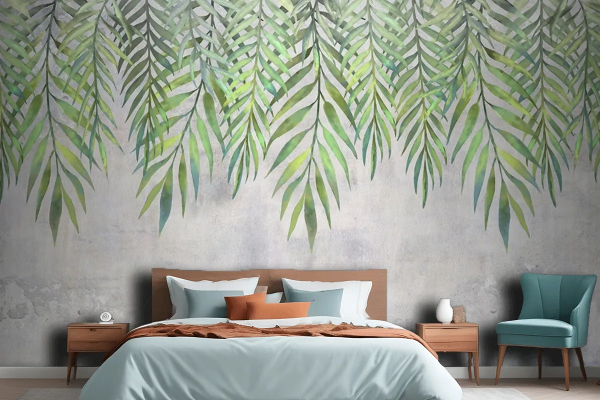 Watercolor Leaves Hanging From Above Wallpaper Mural