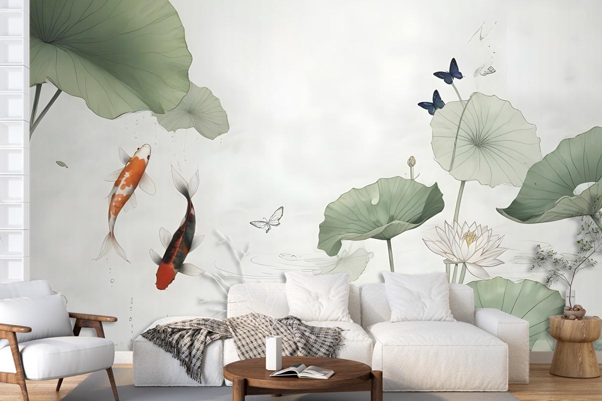 Watercolor Lotus Flower And Butterflies Wallpaper Mural