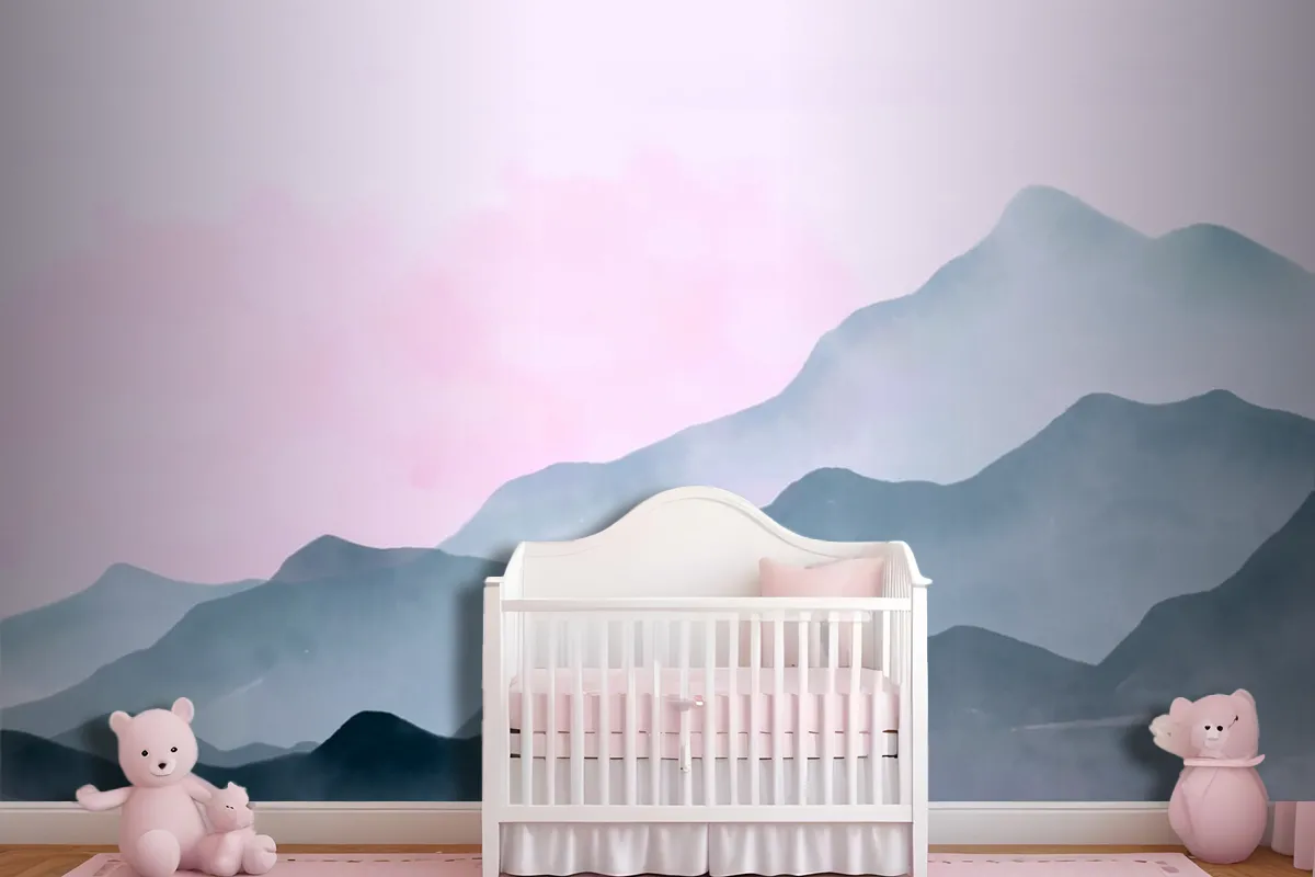 Watercolor Mountains Background With Pink Sky Wallpaper Mural