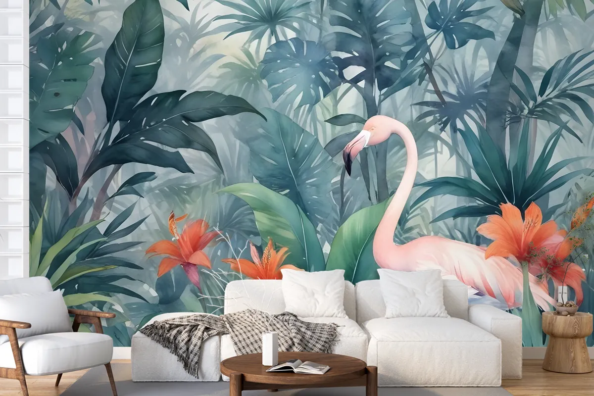 Watercolor Painting Forest And Storks Wallpaper Mural