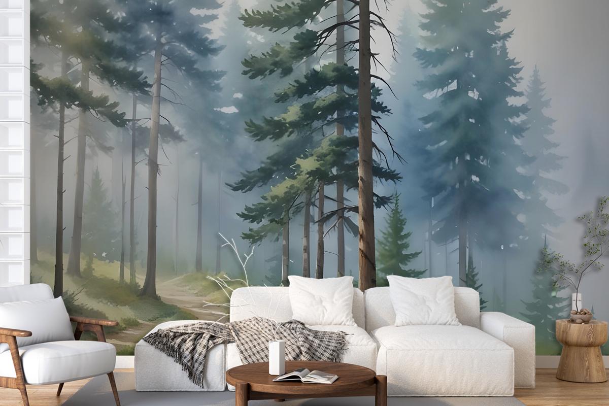 Watercolor Painting Misty Forestscape Wallpaper Mural