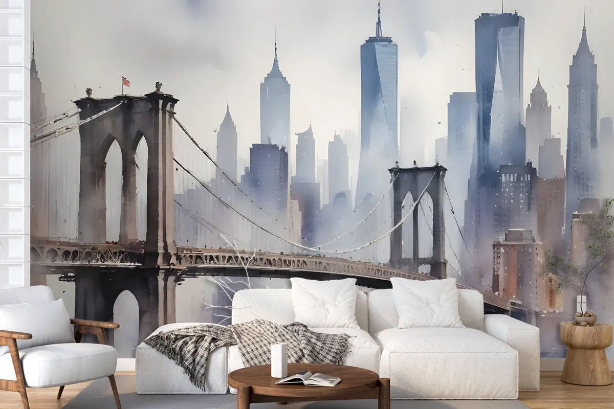 Watercolor Painting New York City Landscape Wallpaper Mural