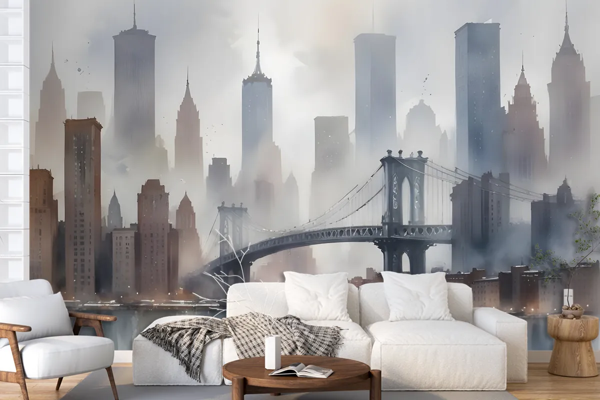 Watercolor Painting New York City Landscape Wallpaper Mural