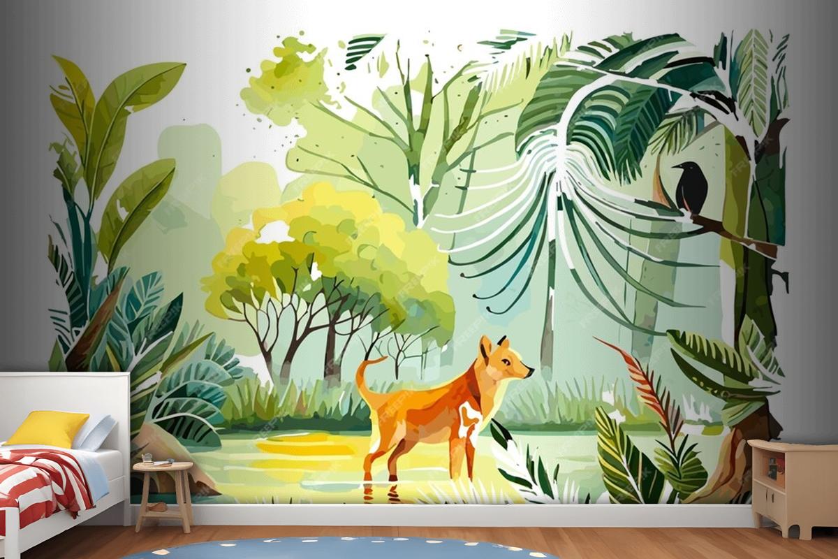 Watercolor Painting Of A Dog And A Bird In A Jungle Wallpaper Mural